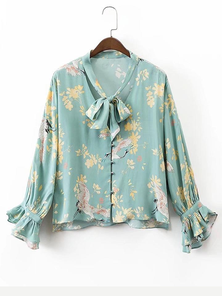 Shein Tie Neck Bell Sleeve Floral Blouse