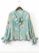 Shein Tie Neck Bell Sleeve Floral Blouse