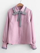 Shein Gingham Trim Tie Neck Corduroy Blouse