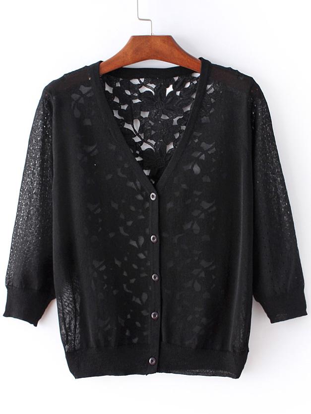 Shein Black Hollow Lace Splicing Cardigan Knitwear