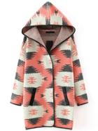 Shein Pink Hooded Contrast Trims Pockets Sweater Coat