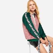 Shein Faux Fur Contrast Color Block Letter Jacket