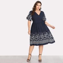 Shein Plus Self Belted Flower Print Surplice Dress