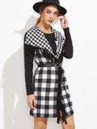 Shein Black And White Checkered Drape Collar Tassel Trim Vest