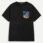 Shein Men Pocket Patched Tropical Print Tee