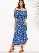 Shein Blue Feather Print Off The Shoulder Drawstring Dress