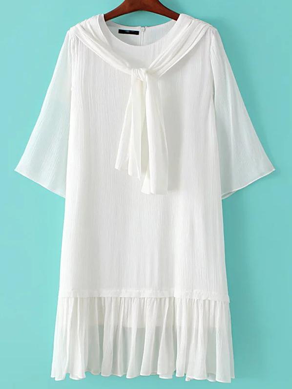 Shein White Zipper Self Tie Plain Dress