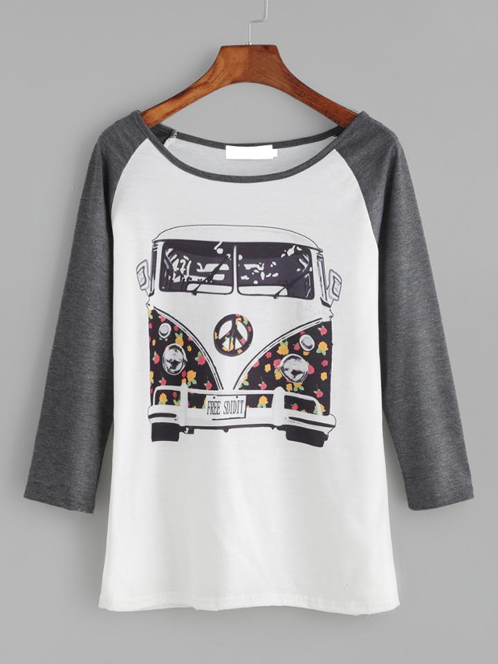 Shein Contrast Raglan Sleeve Cartoon Print T-shirt
