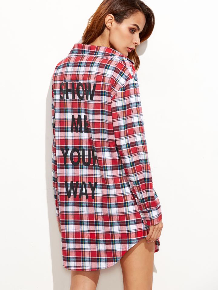 Shein Red Plaid Letter Print Curved Hem Shirt Dress