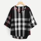 Shein Plus V Neckline Dip Hem Checked Blouse