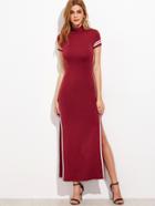 Shein Burgundy Striped Trim Open Back High Split Maxi Dress