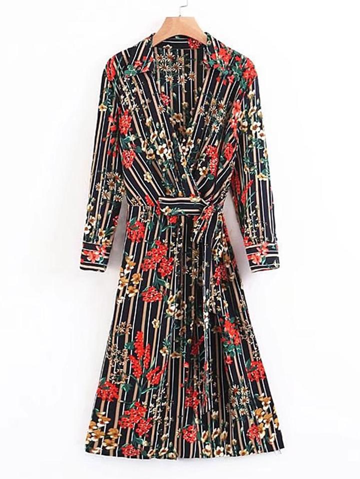 Shein Vertical Striped Floral Tie Waist Wrap Dress