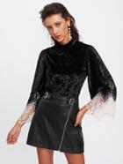 Shein Contrast Lace Cuff Crushed Velvet Top
