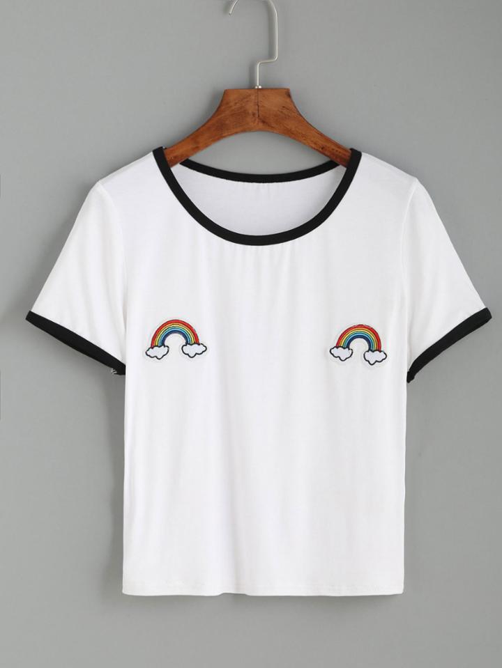 Shein White Contrast Trim Rainbow Patch T-shirt