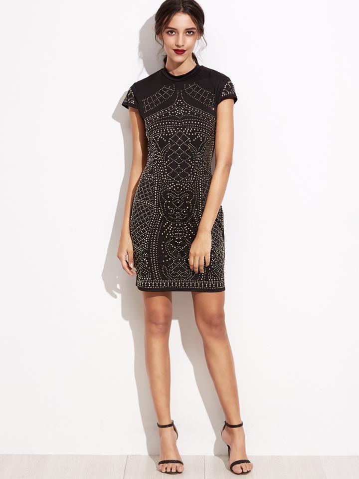 Shein Black Studded Zipper Back Sheath Dress