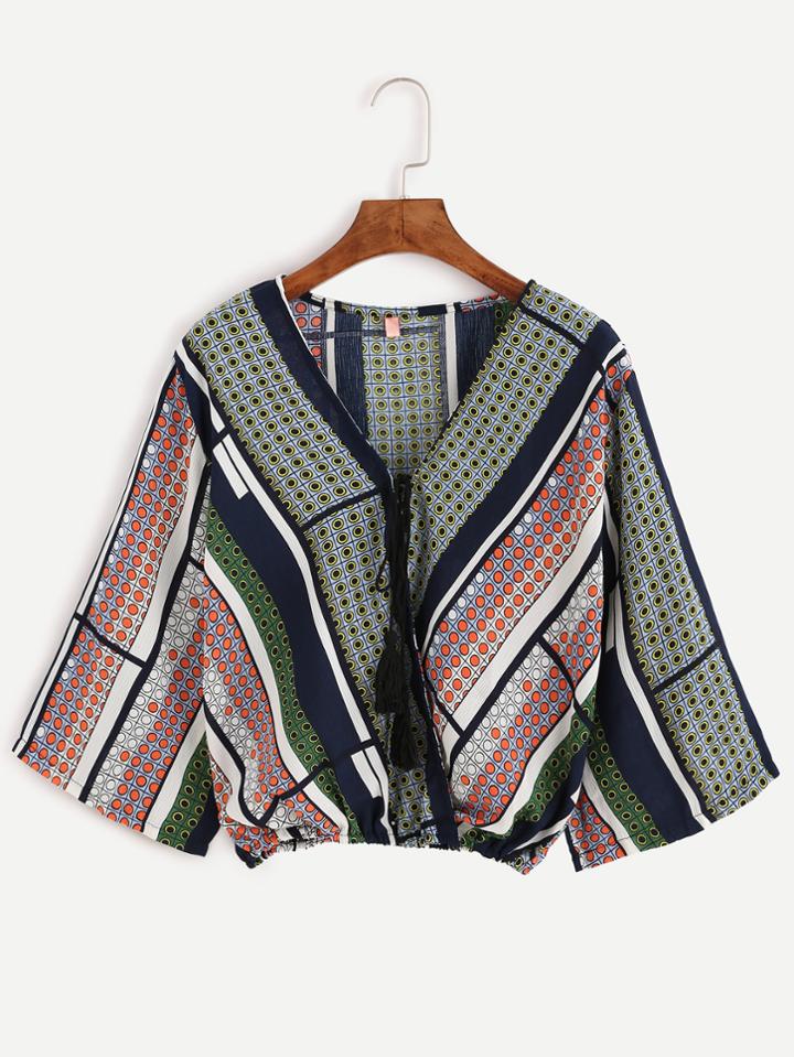 Shein Multicolor Geometric Print Tassel Tie Front Crop Top
