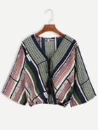 Shein Multicolor Geometric Print Tassel Tie Front Crop Top