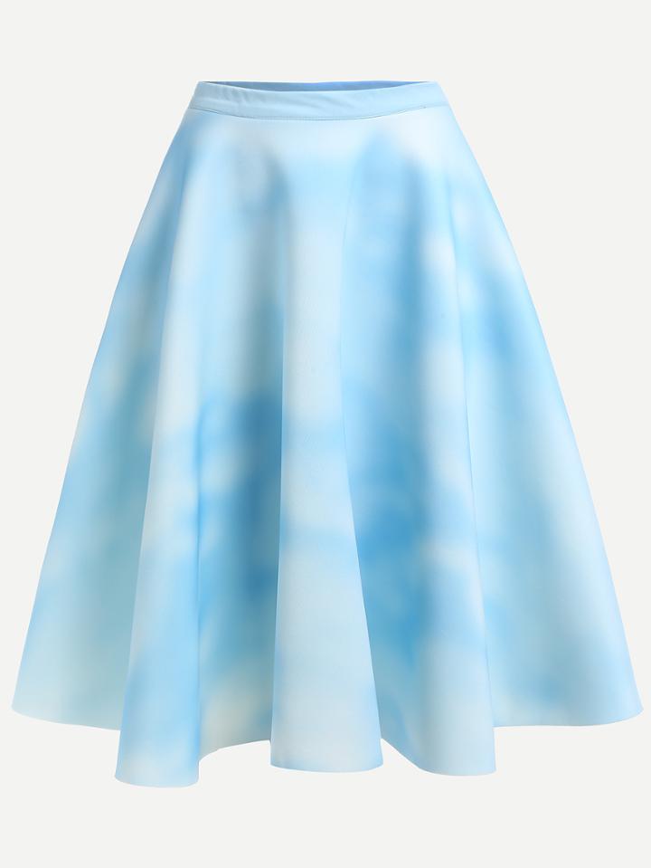 Shein Clouds Print Blue Midi Flare Skirt