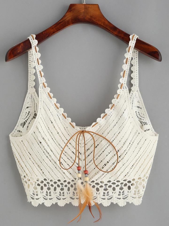 Shein Beige V Neck Feather Tie Cami Top