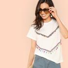 Shein Pom Pom Embroidered Tape Detail T-shirt