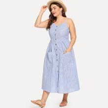 Shein Plus Button Up Pocket Front Pinstripe Cami Dress