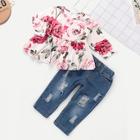 Shein Toddler Girls Floral Print Top With Ripped Jeans