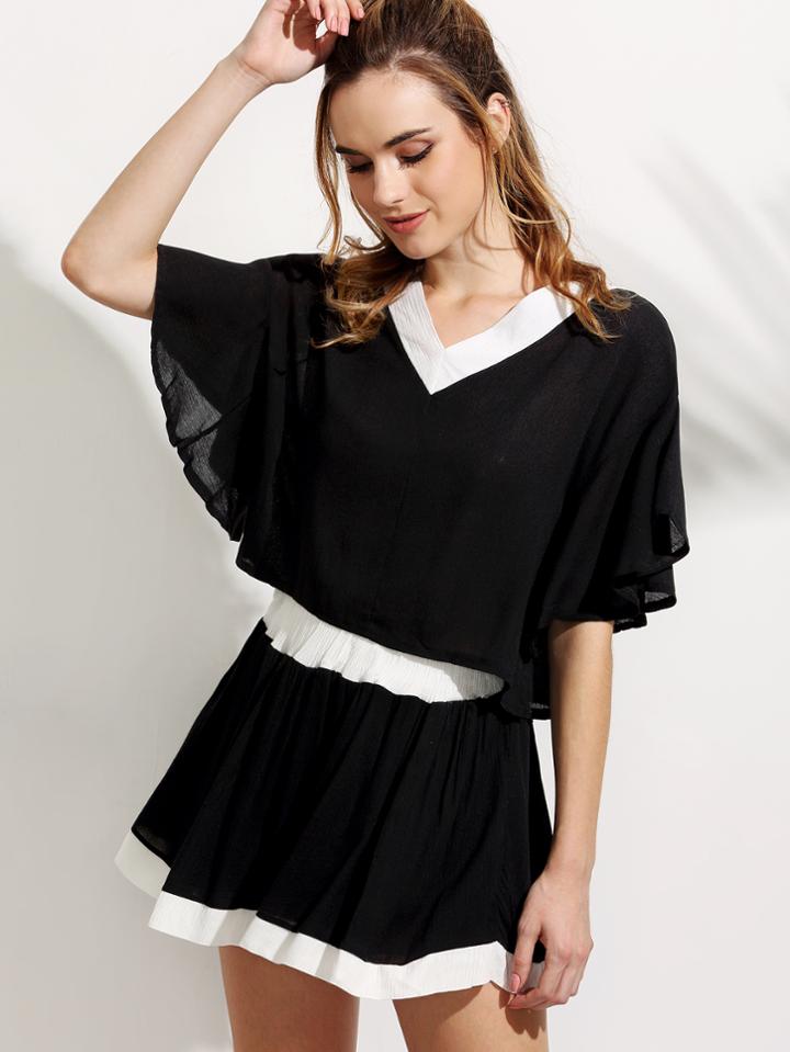 Shein Black Ruffle Sleeve Contrast V Neck Top With Shorts