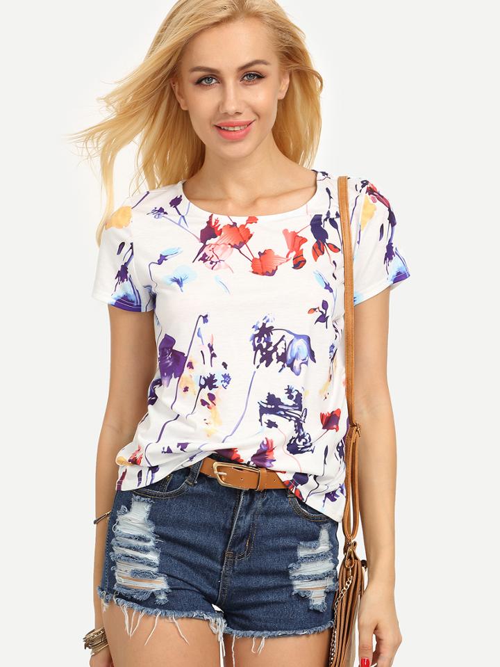 Shein Colorful Leaf Print T-shirt