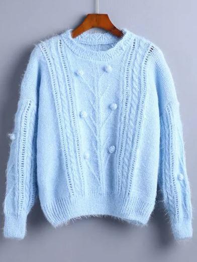Shein Blue Pompom Detail Drop Shoulder Sweater