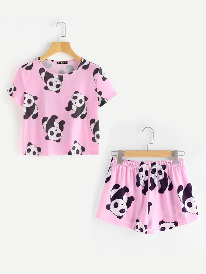 Shein Panda Print Tee And Shorts Pajama Set