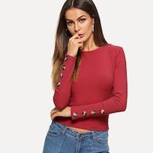 Shein Button Embellished Rib Knit Crop Tee