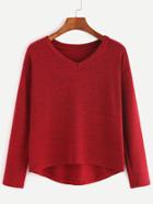 Shein Burgundy V Neck Drop Shoulder Dip Hem Slub T-shirt