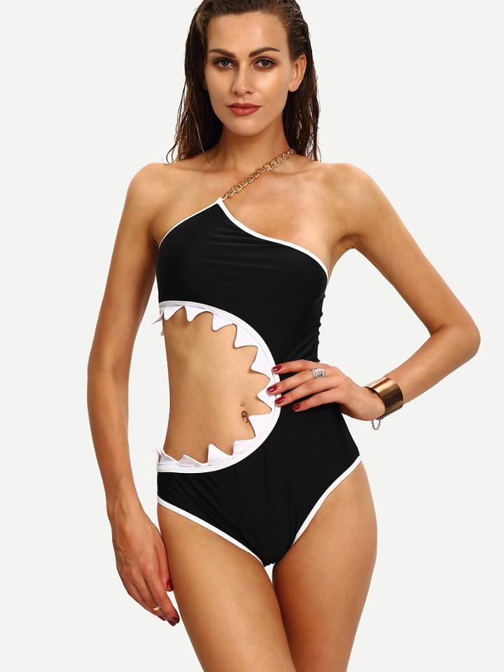 Shein Chain One-shoulder Cutout Black One-piece Swimwear