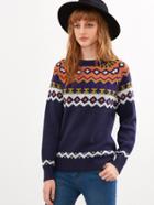 Shein Royal Blue Geometric Pattern Ribbed Trim Sweater