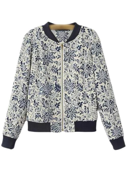 Shein Blue And White Porcelain Printed Baseball Jacket