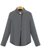 Shein Stand Collar Chiffon Single Button Grey Shirt
