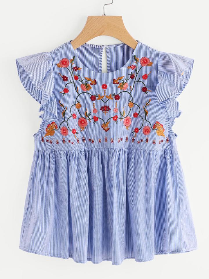 Shein Embroidered Yoke Frill Sleeve Striped Babydoll Top