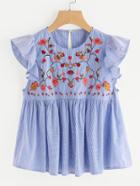 Shein Embroidered Yoke Frill Sleeve Striped Babydoll Top