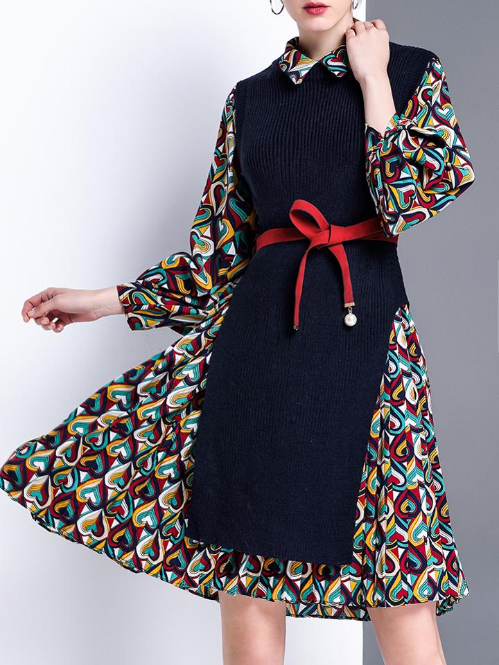Shein Navy Knit Split Vest Two-pieces Print Dress