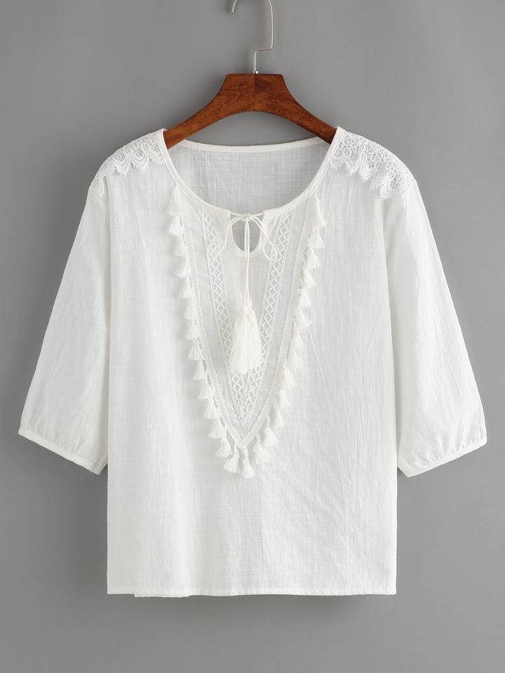 Shein Lace Up Fringe White Shirt