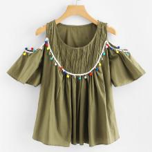 Shein Open Shoulder Pom-pom Trim Top