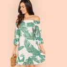 Shein Shirred Off Shoulder Layered Ruffle Trim Tropical Dress