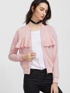 Shein Pink Ruffle Trim Zip Up Jersey Bomber Jacket
