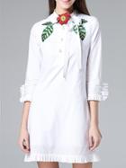 Shein White Tie Neck Embroidered Pleated Dress