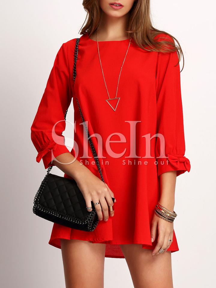 Shein Red Crew Neck Bow Cuff Casual Dress