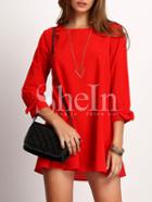 Shein Red Crew Neck Bow Cuff Casual Dress