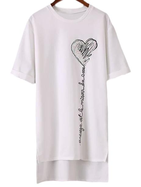 Shein White Dip Hem Sequined Embroidery T-shirt