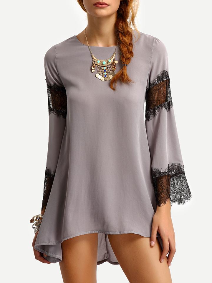 Shein Contrast Lace Inset Sleeve Asymmetric Dress