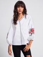 Shein Flower Patch Lantern Sleeve Zig Zag Embroidered Blouse