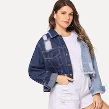 Shein Plus Two Tone Zipper Back Raw Hem Jacket